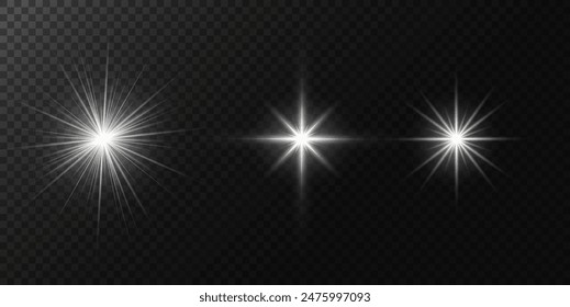 A realistic vector illustration of various light effects on a black background, including sparkling stars and flickering and flashing lights. Stars Set