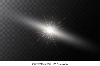 A realistic vector illustration of various light effects on a black background, including sparkling stars and flickering and flashing lights. Vector Sun and Star