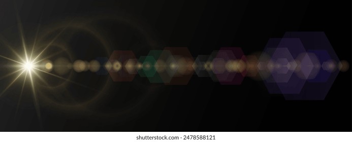 A realistic vector illustration of various light effects on a black background, including sparkling stars and flickering and flashing lights. Vector Sun and Star