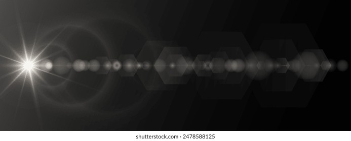 A realistic vector illustration of various light effects on a black background, including sparkling stars and flickering and flashing lights. Vector Sun and Star