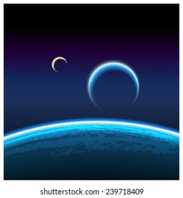 Realistic vector illustration of a view of the orbit of the planet and its satellite from space. can be used in your design, advertising production, animation, etc.