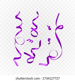 Realistic vector illustration of violet gift ribbons on a dark background. Design elements for your holiday content.