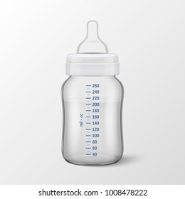 Realistic Vector Illustration - Water In Baby Bottle With Scale Of Measurement Icon Closeup Isolated On White Background. Sterile Empty Milk Container Design Template, Mockup For Graphics