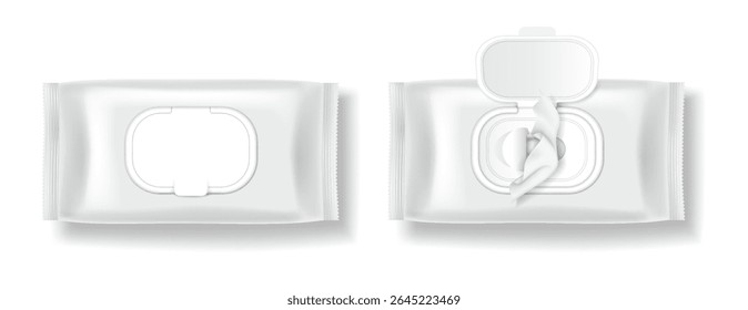 Realistic vector illustration of wet wipes packaging. The package is sleek and modern in design with an open lid. Ideal for hygiene and personal care products.