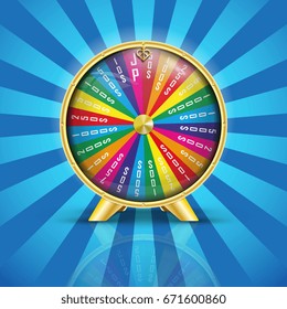 Realistic vector illustration of a wheel of fortune on a blue background with rays