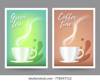Realistic vector illustration of white color coffee cup with steam on two color background. Three dimensional object template with text. 3d design of coffee cup for web, site, banner, menu