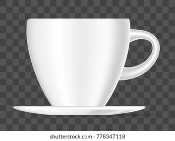 Realistic vector illustration of white color coffee cup isolated on transparent background. Three dimensional object. 3d design of coffee cup for web, site, banner, menu