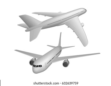 Realistic Vector illustration. White flying Airplane 3d perspective front and rear view. Airline Concept Travel jet Passenger airplane. 