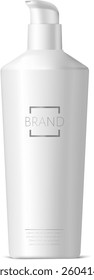Realistic vector illustration of a white plastic cosmetic dispenser bottle featuring a pump and a minimalist brand logo, perfect for showcasing product packaging designs