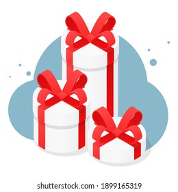 Realistic vector illustration white present and gift boxes with red ribbon bows. Isometric gift boxes icon in flat cartoon style. Present boxes with ribbon bow illustration.