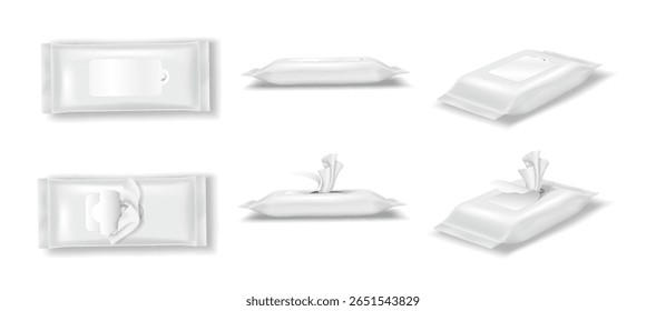 Ilustração vetorial realista da embalagem de toalhetes úmidos brancos. Várias posições e orientações. Ideal para exibição de produtos e fins de publicidade.