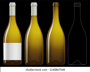 Realistic vector illustration of white wine bottle Isolated on black background. Front view of the wine bottle with label, bottle without label and linear technical drawimg of the wine bottle.
