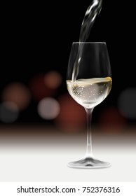 Realistic vector illustration of white wine or champagne pouring in glass on table with blurred background - party or event  invitation template