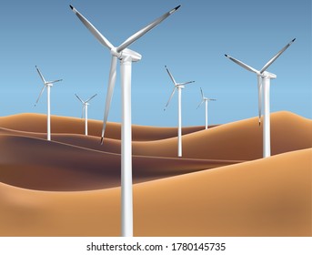 Realistic Vector Illustration Of Wind Farm In Desert Landform