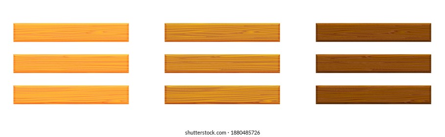Realistic vector illustration wood plank boards isolated on white background. Empty wooden plank board icon in flat cartoon style. Set of light and dark brown wooden boards for sign decoration.