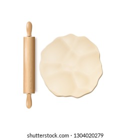 Realistic Vector Illustration Of Wooden Rolling Pin And Dough Isolated On White Background. Top View