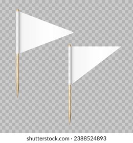 Realistic vector illustration of wooden toothpick with white paper triangle flag.