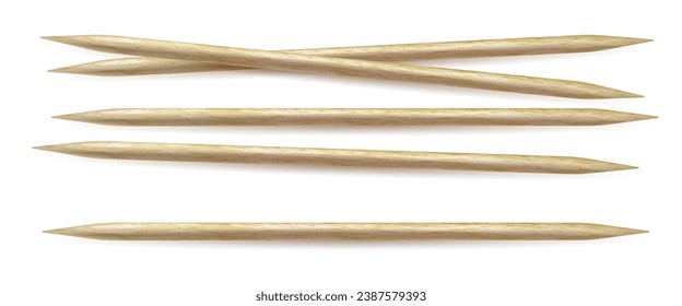 Realistic vector illustration of wooden toothpicks. Several sharp bamboo sticks for teeth. Wood skewers