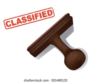 A realistic vector illustration of the word "CLASSIFIED" stamped in red by a rubber stamp with a wooden handle.