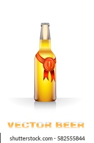 Realistic vector illustration of yellow beer bottle with red contest mark