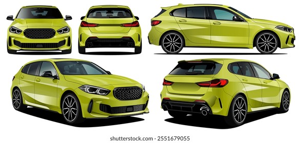 Realistic vector illustration yellow car in isometric view, isolated in transparent background.