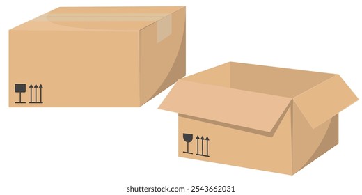 Realistic vector illustrations of cardboard boxes for delivery, featuring detailed craft packages in front and side views.