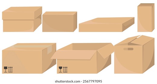 Realistic vector illustrations of cardboard delivery boxes in craft style, highlighting front and side views for a complete perspective.