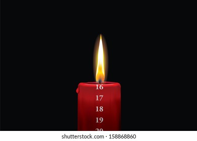 Realistic vector illustraton of a lit red christmas advent candle with the 16th of december showing. Decorative and beautiful art where you can feel the heat of the glowing flame.