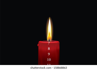 Realistic vector illustraton of a lit red christmas advent candle with the 7th of december showing. Decorative and beautiful art where you can feel the heat of the glowing flame.