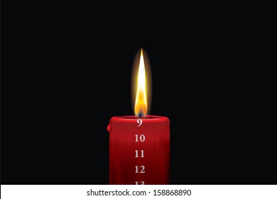 Realistic vector illustraton of a lit red christmas advent candle with the 9th of december showing. Decorative and beautiful art where you can feel the heat of the glowing flame.