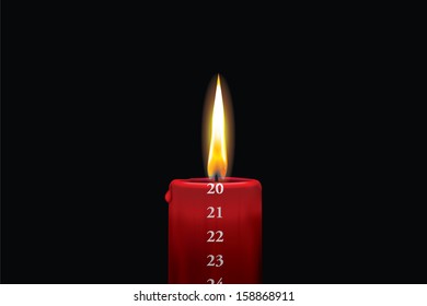 Realistic vector illustraton of a lit red christmas advent candle with the 20th of december showing. Decorative and beautiful art where you can feel the heat of the glowing flame.