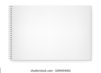 Realistic vector image of an album for drawing, notebook, top view. White sheets of paper. White sheets of a notebook fastened by a light silvery spiral. Isolated on white, 3d. Vector EPS 10.