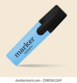 Realistic vector image of blue marker. A colored marker for highlighting lines, words or text fragments.