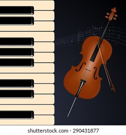 Realistic vector image of cello with bow. Piano keys