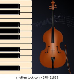 Realistic vector image of contrabass with bow. Piano keys