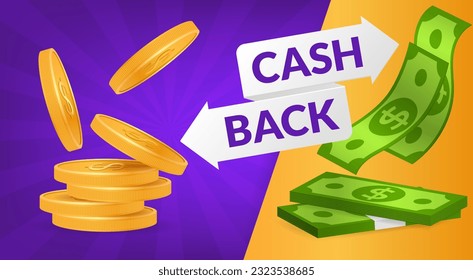Realistic vector image featuring 3D coins and banknotes for financial planning, budgeting, and cashback promotions. Ideal for banners, banking, and finance related designs. In purple and orange colors