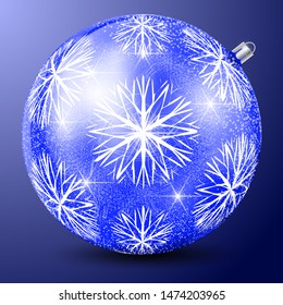 Realistic vector image of a glass blue ball for a Christmas tree with a pattern of large snowflakes and a snow blizzard. Christmas decoration for festive design.