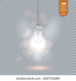 Realistic vector image of glowing light bulb isolated ontransparent background.