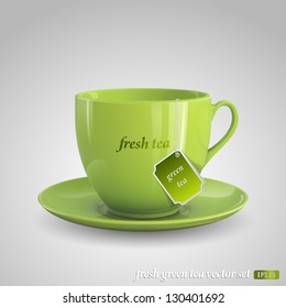 Realistic Vector Image Of Green Cup Of Tea On Gray Background.
