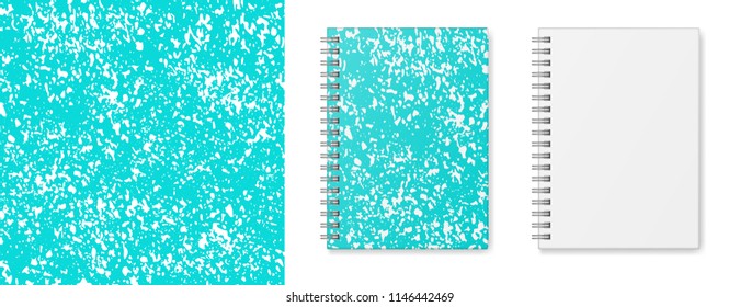 Realistic vector image (layout, mock-up) of a hardcover notebook with a silvery spiral attached, top view, 3d. Cover design of notebook with seamless texture of blue and white. Vector EPS 10.