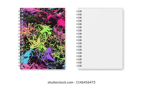 Realistic vector image (layout, mock-up) of a hardcover notebook with a silvery spiral attached, top view, 3d. Cover design of notebook with multicolored texture . Vector EPS 10.