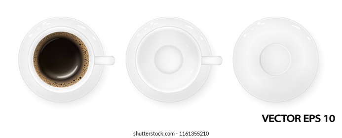 Realistic vector image (layout, mock-up) cup with coffee and empty mug (cup) with saucer, top view, 3d. The image was created using gradient mesh. Vector EPS 10.