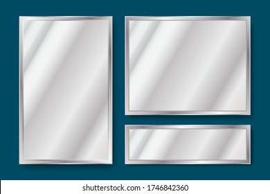 Realistic vector image of mirrors. Background set of glass textures. Rectangular screens with reflection effect.