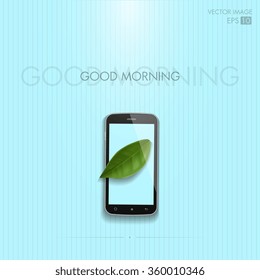 realistic vector image. mobile phone with leaf on the screen on a blue background. ecology