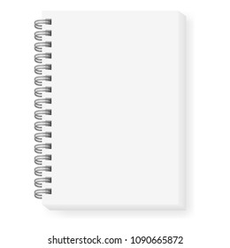 Realistic vector image (mock-up) of an open notepad isolated on white, top view. White sheets of notebook, fastened with a silver (dark gray) spiral, shifted down and to the right, 3d. Vector EPS 10.