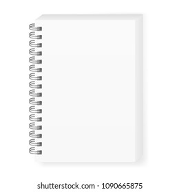 Realistic vector image (mock-up) of an open notebook, isolated on white, top view. White sheets of notebook, fastened with a silver (dark gray) spiral, shifted up and to the right, 3d. Vector EPS 10.