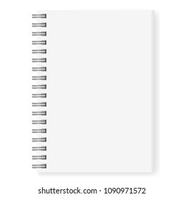 Realistic vector image (mock-up) of an open notepad isolated on white, top view. White sheets of notebook, fastened with a silver (dark gray) spiral, 3d. Vector illustration EPS 10.