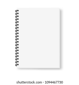 Realistic vector image (mock-up) of an open notepad isolated on white, top view. White sheets of notebook, fastened with a black spiral, shifted down and to the right, 3d. Vector EPS 10.