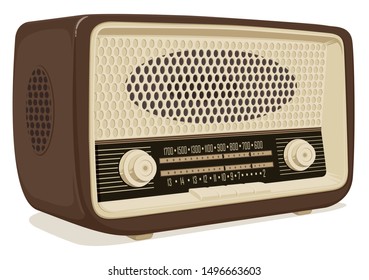 Realistic vector image of an old radio receiver of the last century in retro style. Isometric illustration of an old-fashioned radio isolated on white background. Retro music