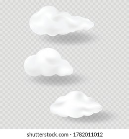 Realistic vector image set of 3 white clouds with transparent shadow.